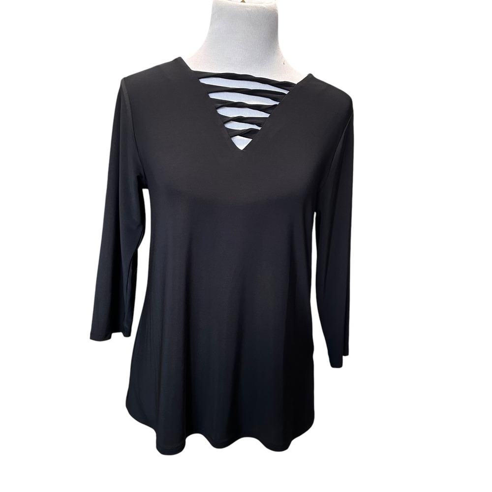Black 3/4 Sleeve Top‎ Criss Cross V Neck Casual Blouse